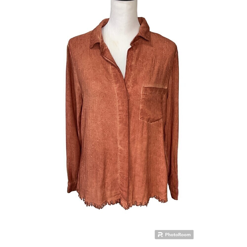 Umgee Women Rust Linen Blend Sz S Top Button Up Long Sleeve Blouse Fray Hem R1